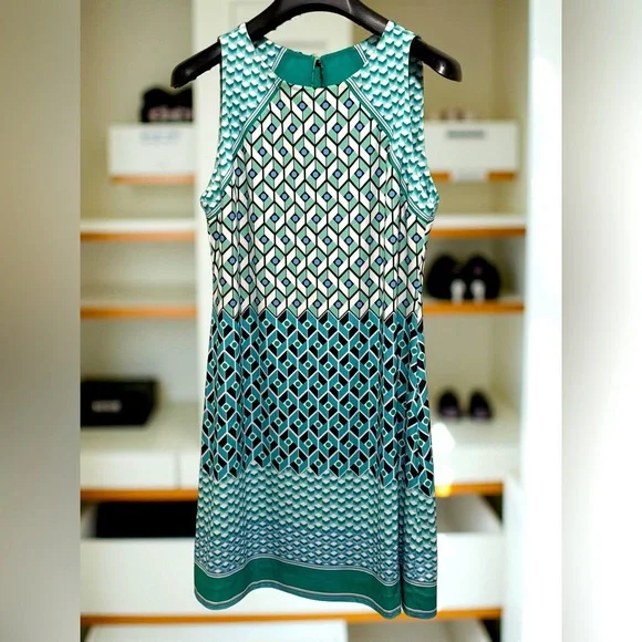 Hale Bob EUC Size M Pretty Blue Green Geometric Print Sleeveless Dress (0630) - Picture 2 of 12
